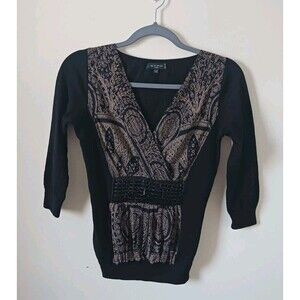 Etro Milano Womens Beaded Black Gold Paisley V Neck Sweater Long Sleeve Size 42
